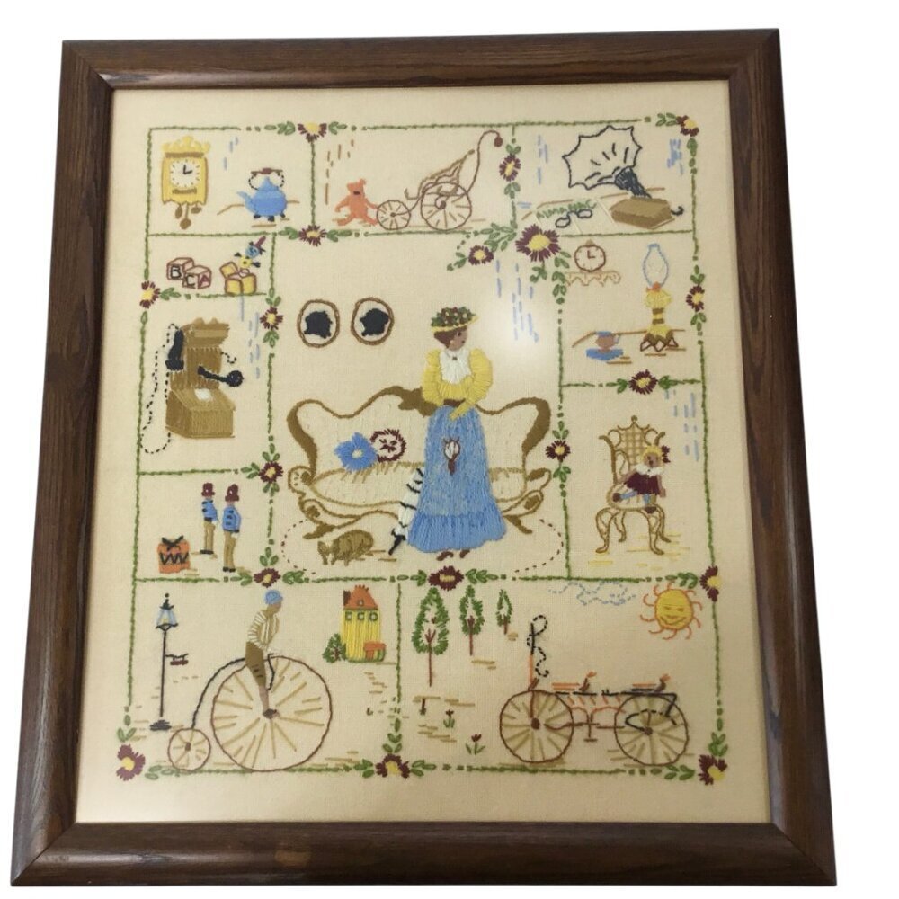 Vtg Finished Framed Crewel Embroidery Spinnerin Nostalgia 326 Elaine Thompson